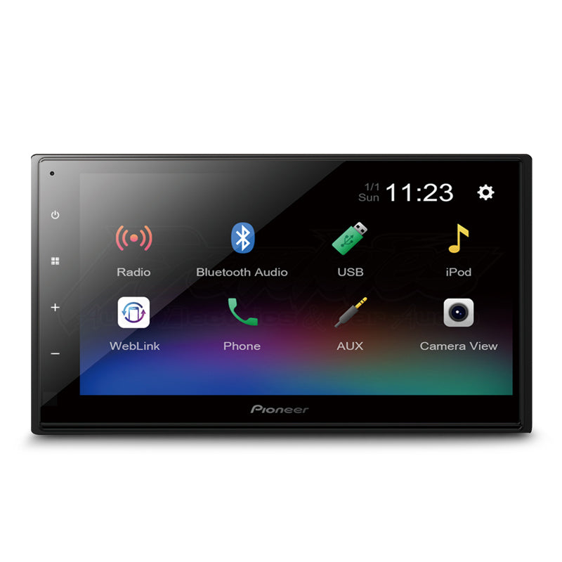 A Pioneer DMH-A345BT Digital Media Player featuring a 6.8-inch capacitive touchscreen with various icons for functions such as Bluetooth audio, USB, and iPhone connectivity.