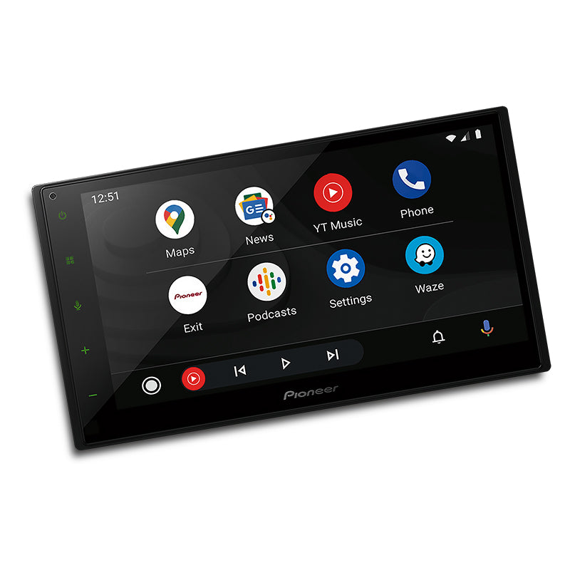 Pioneer DMH-A4450BT 6.8" touchscreen displaying Apple CarPlay and Android Auto interface with phone, music, and map icons.