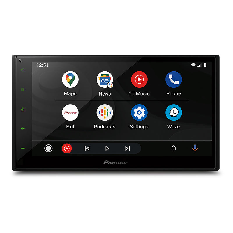 Pioneer DMH-A4450BT multimedia head unit showing Apple CarPlay and Android Auto apps on a 6.8-inch capacitive touchscreen.