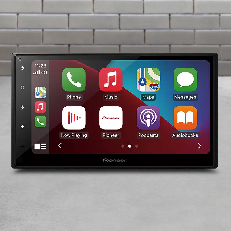 Pioneer DMH-A4450BT display with CarPlay and Android Auto interface including icons for calls, music, navigation, and apps.