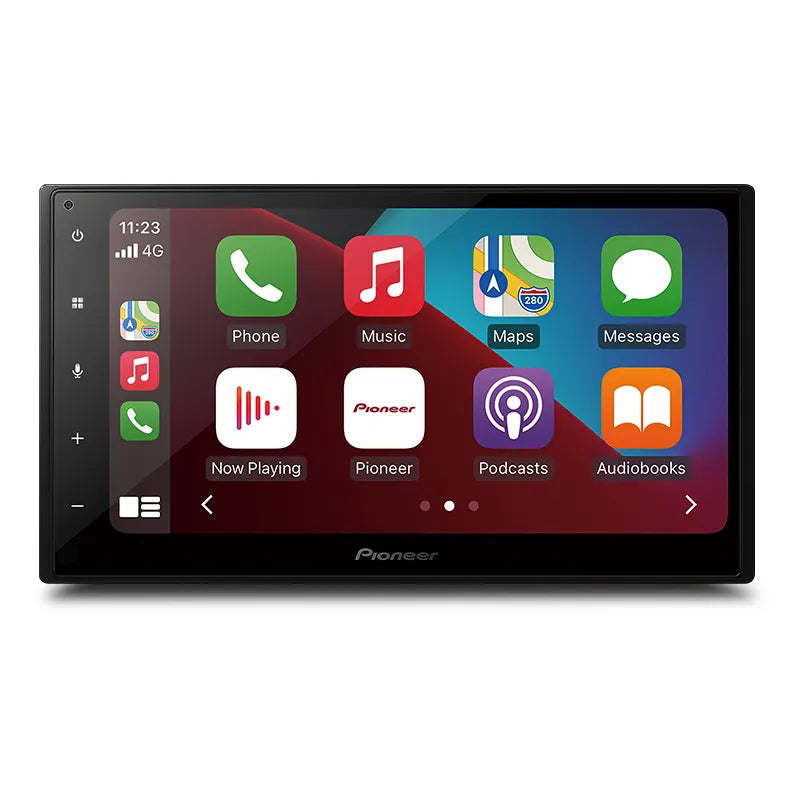 Pioneer DMH-A4450BT head unit with 6.8-inch capacitive touchscreen showing Apple CarPlay and Android Auto icons for phone, music, and maps.