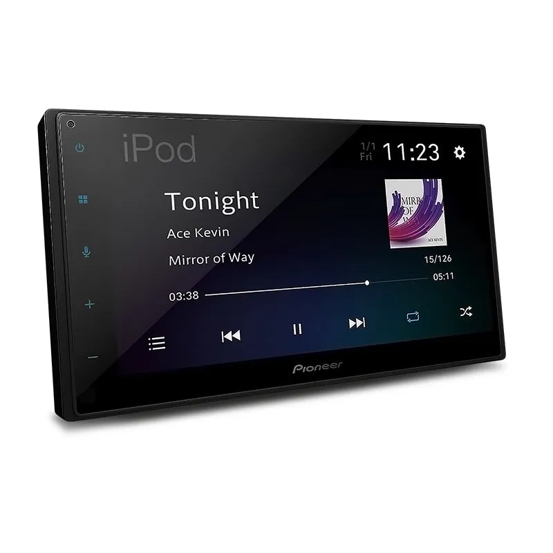 6.8-inch Pioneer DMH-A4450BT head unit featuring CarPlay and Android Auto screen with app icons for phone, music, maps, and more.