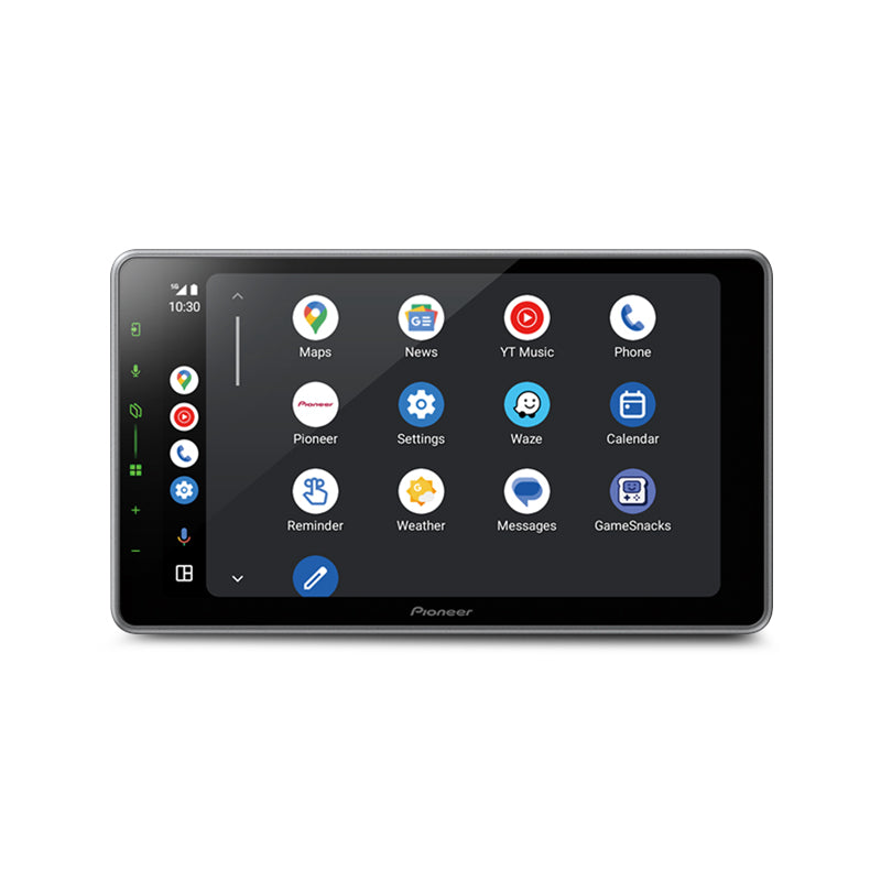 A Pioneer DMH-ZF7650BT 9” Apple CarPlay/Android Auto Wireless AV Receiver with a 9-inch touchscreen display, showing the interface with various app icons.