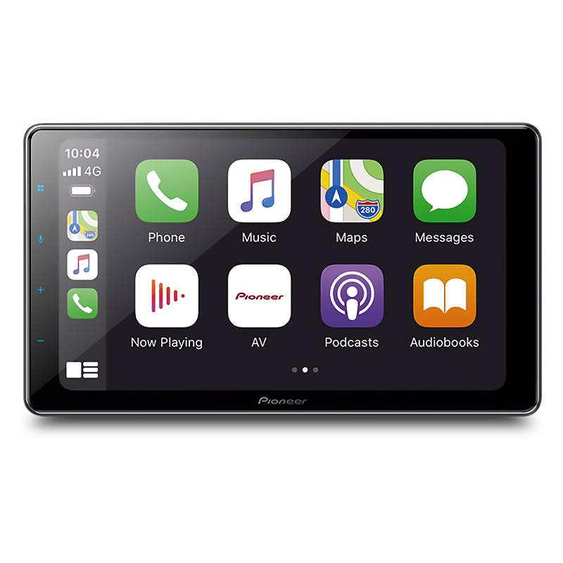 A Pioneer 9" HD Capacitive 'Floating' Multimedia Player with Apple CarPlay and Android Auto icons displayed.