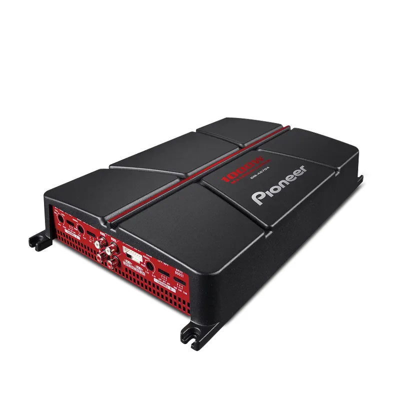 A black Pioneer 4-Channel Bridgeable Amplifier with red accents and branding on the exterior.
