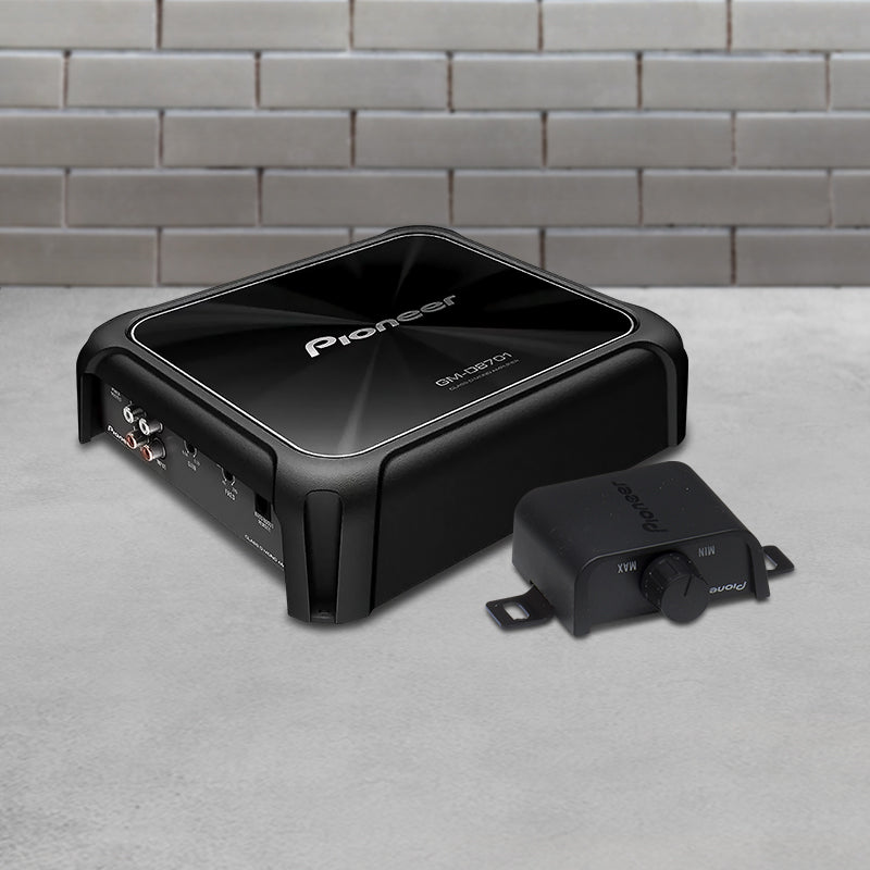 Pioneer GM-D8701 1600W Class-D Mono Car Amplifier with brick background
