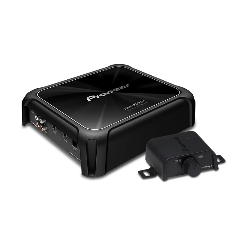 A Pioneer GM-D8701 1600W Class-D Mono Car Amplifier with black color, alongside a bass boost remote. The amplifier has a compact rectangular shape with multiple connection ports on the front panel.