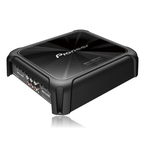 A black Pioneer GM-D8704 1200W Class-FD 4-Channel Bridgeable Amplifier, showing the front view with the brand logo and input ports.
