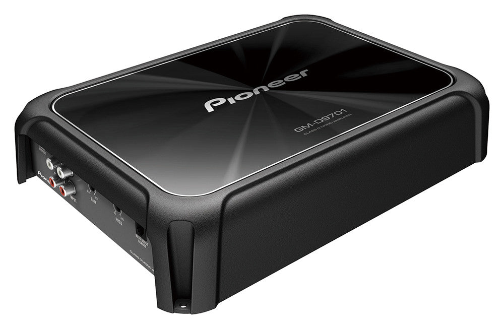 A black Pioneer GM-D9701 2400W Class-D Mono Car Amplifier with various input and output ports visible.