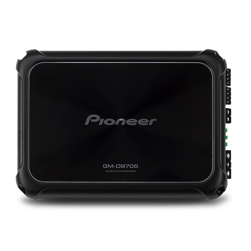 Pioneer GM-D9705 2000W Class-D 5 Channel Amplifier with a black color scheme. The product is shown with an external wired bass boost remote. front view 