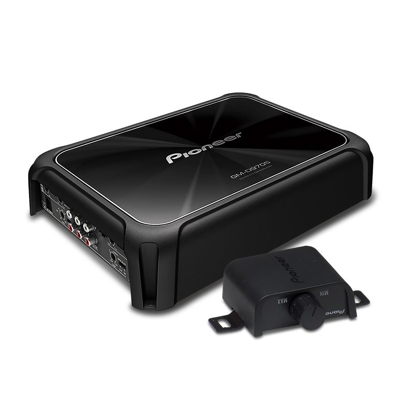 Pioneer GM-D9705 2000W Class-D 5 Channel Amplifier with a black color scheme. The product is shown with an external wired bass boost remote.