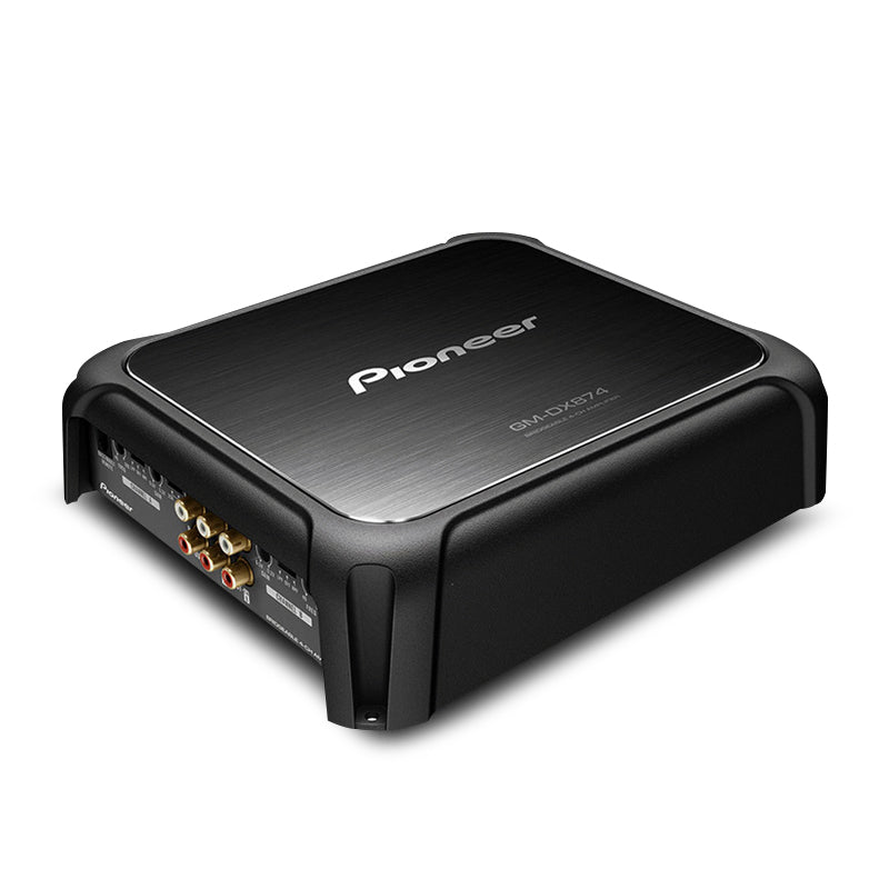 A black Pioneer GM-DX874 Class D 4-Channel Bridgeable Amplifier with gold-plated RCA inputs.