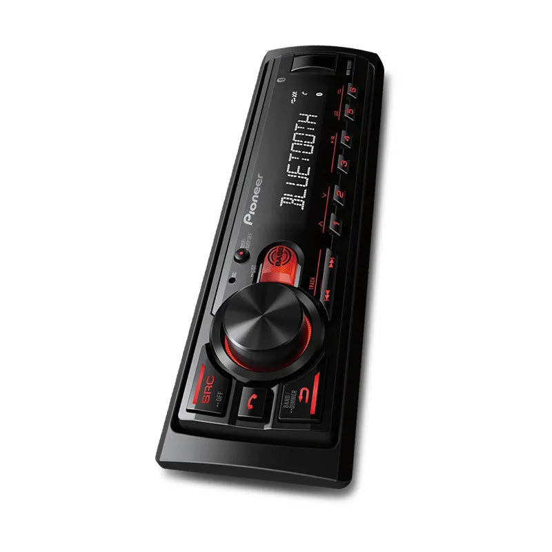 Vertical view of Pioneer MVH-S235BT digital media receiver showcasing black front panel with red accents, display screen, and control knob.
