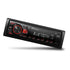 Tilted side-up view of Pioneer MVH-S235BT digital media receiver showing black body, red-accented front panel, and illuminated control buttons.