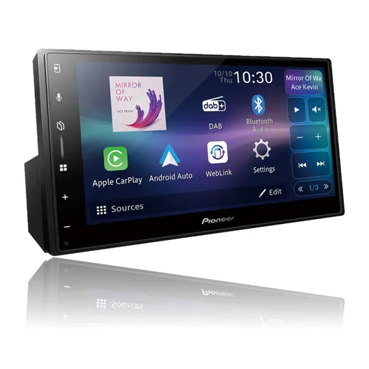 A Pioneer SPH-DA77DAB 6.8″ Wireless AV Receiver with a display showing Apple CarPlay and Android Auto interfaces, featuring icons for various functions such as DAB, Apple CarPlay, Android Auto, and others.