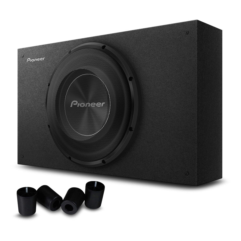 A Pioneer A-Series 12-inch 1,500W active subwoofer enclosure in black color, with four black feet beside it.