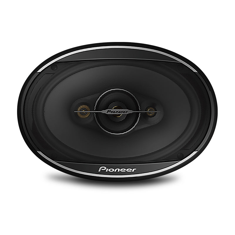 Front close-up of single black Pioneer 6x9-inch 4-way coaxial car speaker showing detailed cone texture, multi-driver layout, and centered Pioneer logo