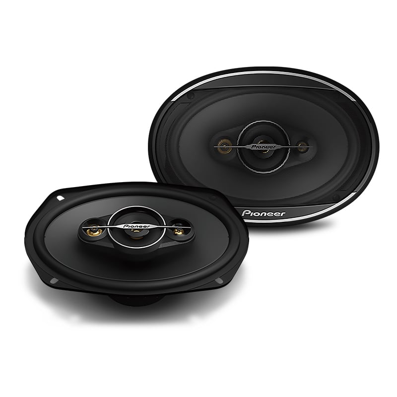 Pair of black Pioneer 6x9-inch 4-way coaxial car speakers featuring multi-driver design and central Pioneer logo.