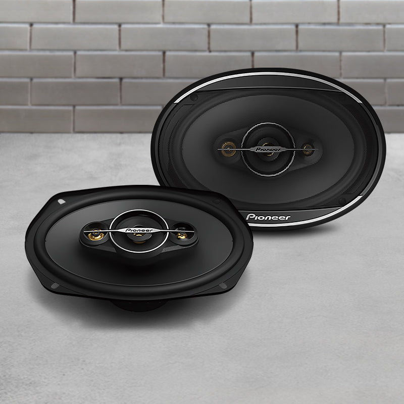 Pair of Pioneer 6x9-inch black 4-way coaxial car speakers with multi-driver cone design and prominent silver Pioneer logo at the center.