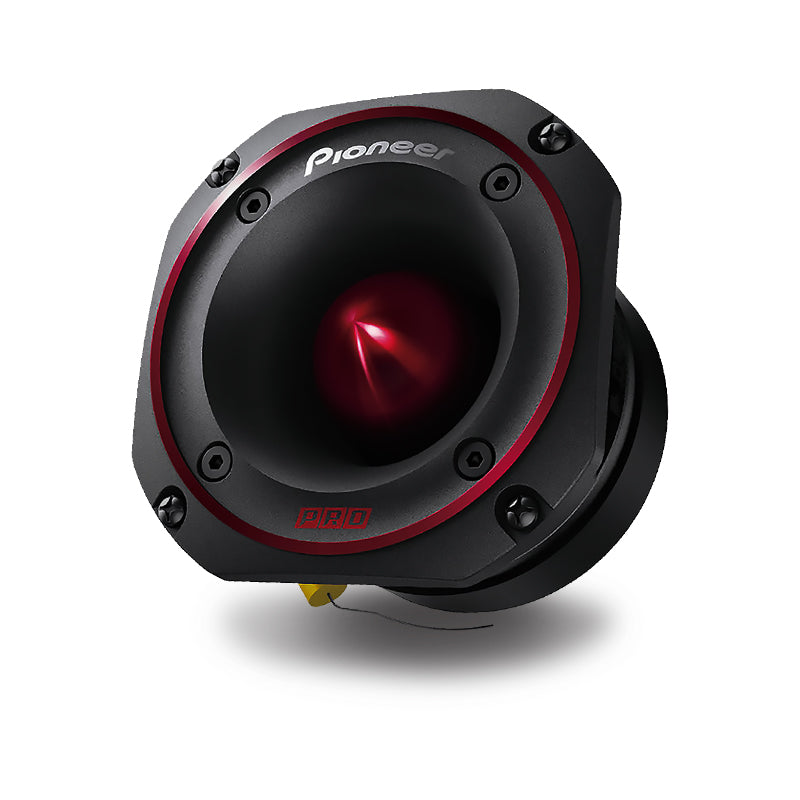 Pioneer 4-inch 600W PRO Series bullet tweeter in black with red accents, designed for high power handling and precision sound.