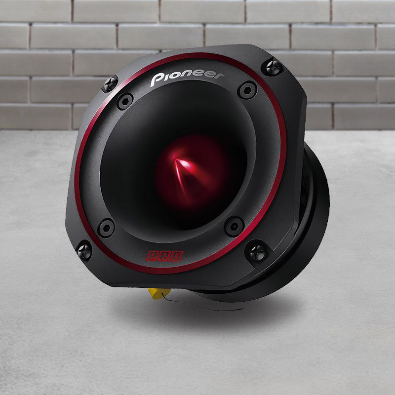 Pioneer PRO Series 4-inch bullet tweeter with 600W peak power, black metal body, and red accent ring for studio-quality sound.