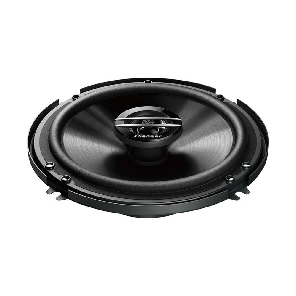 Front and back views of single Pioneer G-Series 6.5” 2-way coaxial speakers featuring the Pioneer logo.