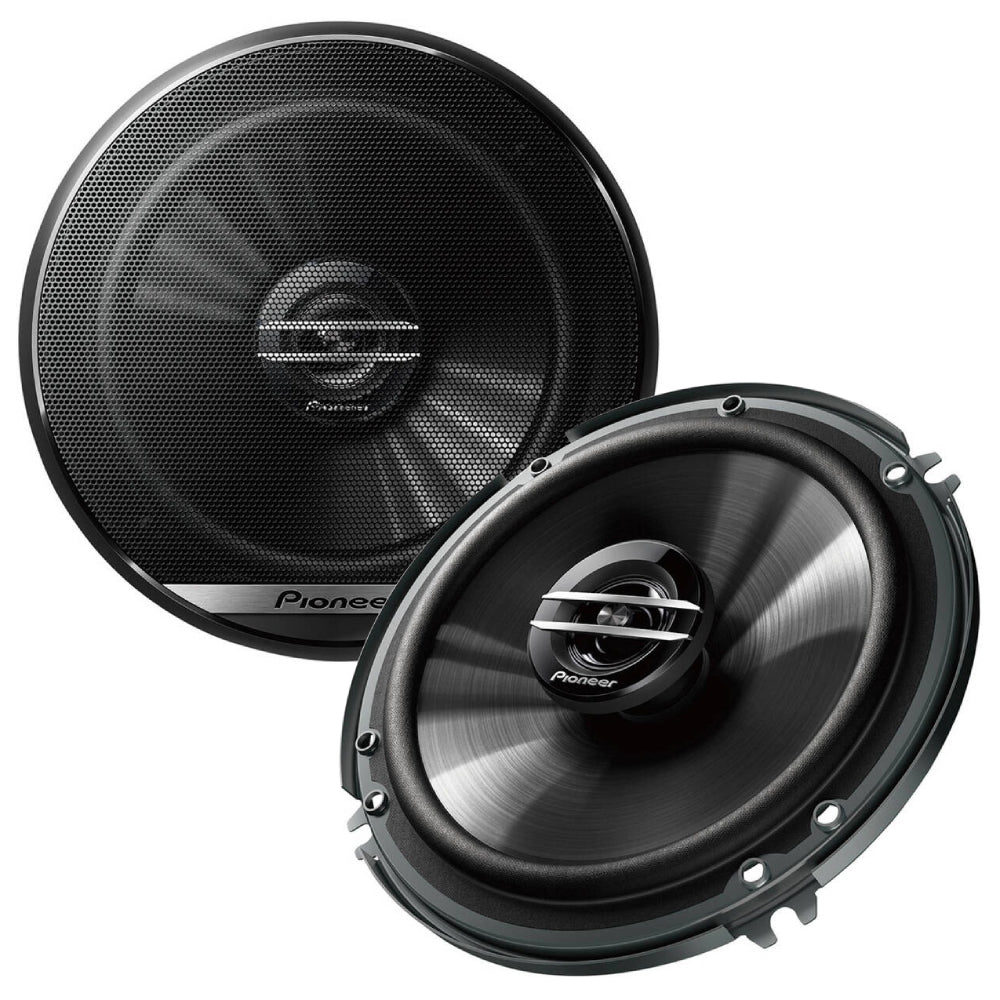 Pioneer G-Series 6.5-inch 2-way coaxial speakers displayed front and back with visible branding.