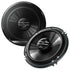 Pioneer G-Series 6.5-inch 2-way coaxial speakers displayed front and back with visible branding.