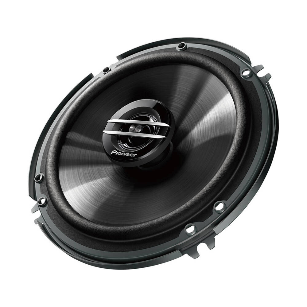 Pioneer G-Series 6.5-inch 2-way coaxial speakers displayed front and back with visible branding side profile.