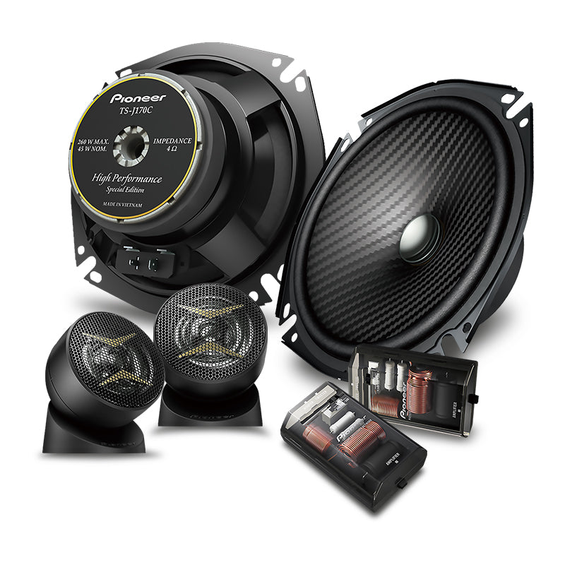 Pioneer 6.5-inch 2-way component speaker set with woofers, tweeters, subwoofer, and installation accessories.