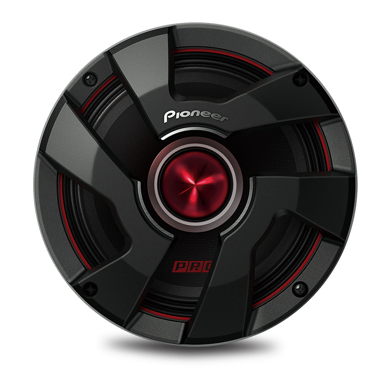 A black Pioneer mid-bass speaker with red accents, designed for in-car entertainment.