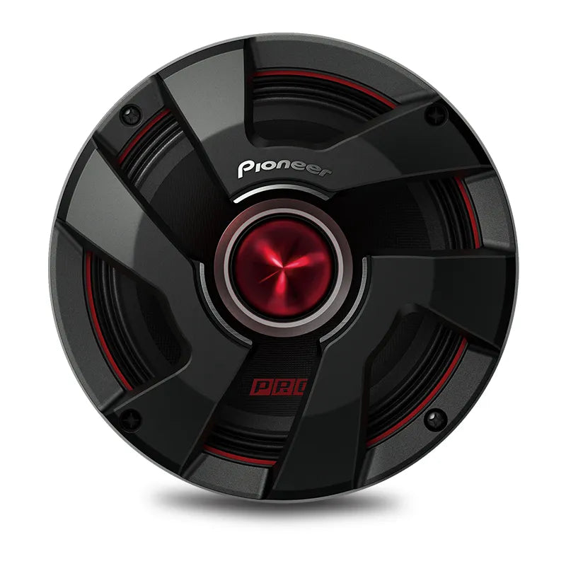 A black Pioneer mid-bass speaker with red accents, designed for in-car entertainment.