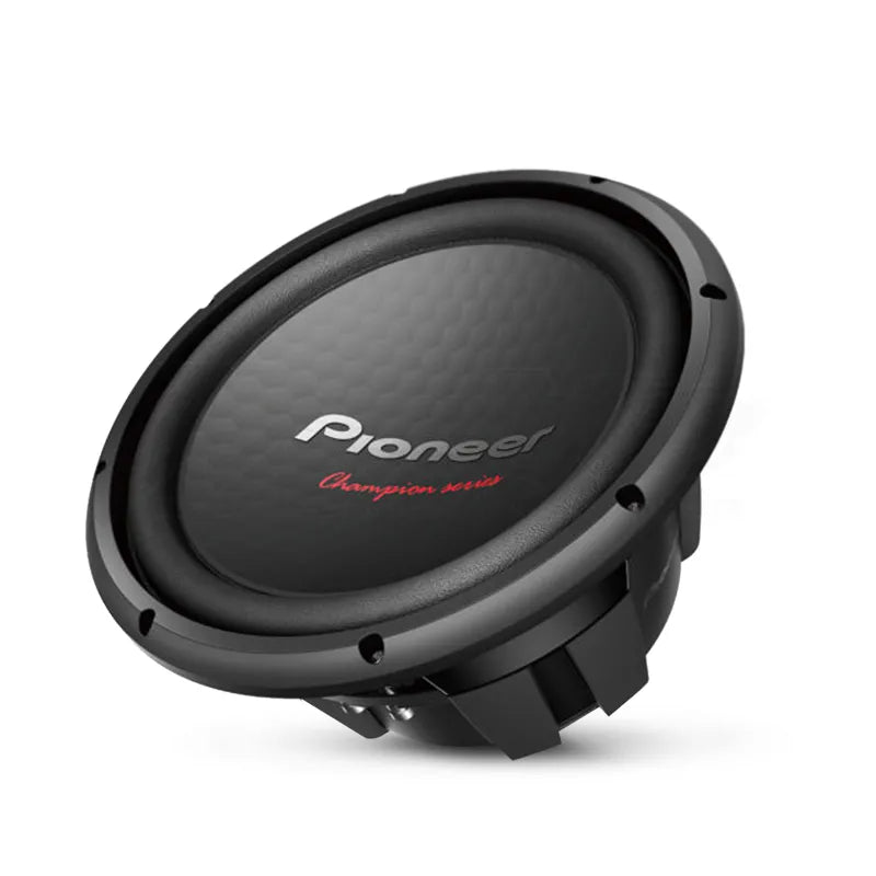 Pioneer Champion Series 12-inch 1600W subwoofer with single 4 Ohm voice coil and black cone featuring the Pioneer logo at the center.
