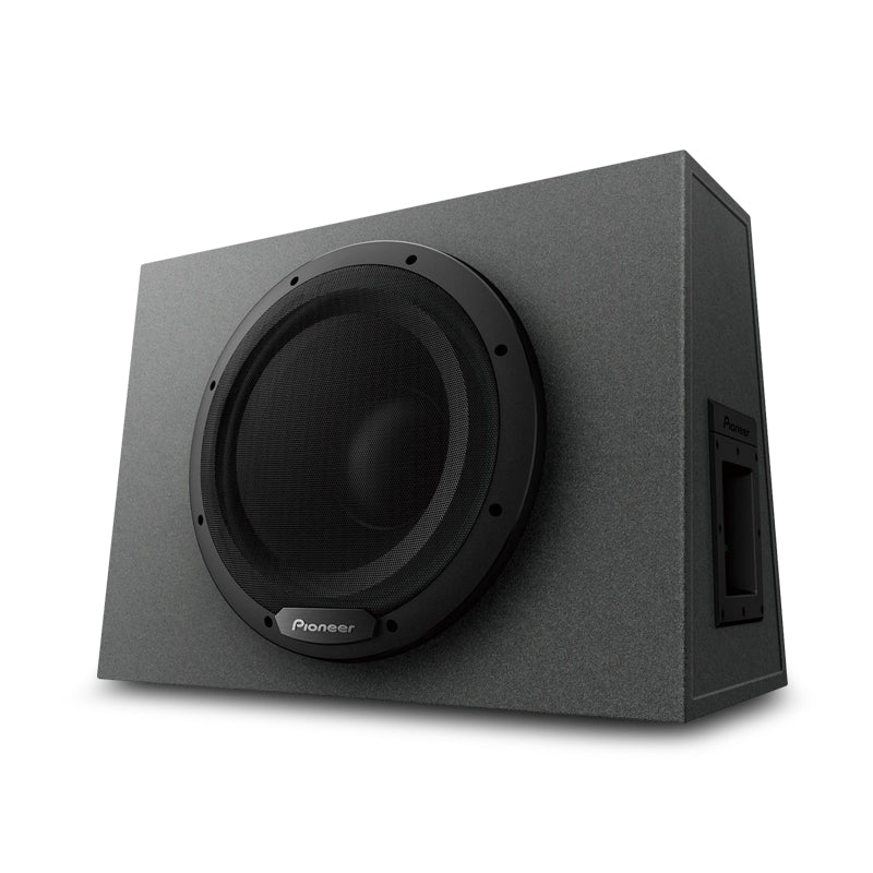 A black Pioneer active subwoofer with built-in amplifier, showing the front view with the brand logo and speaker cone.