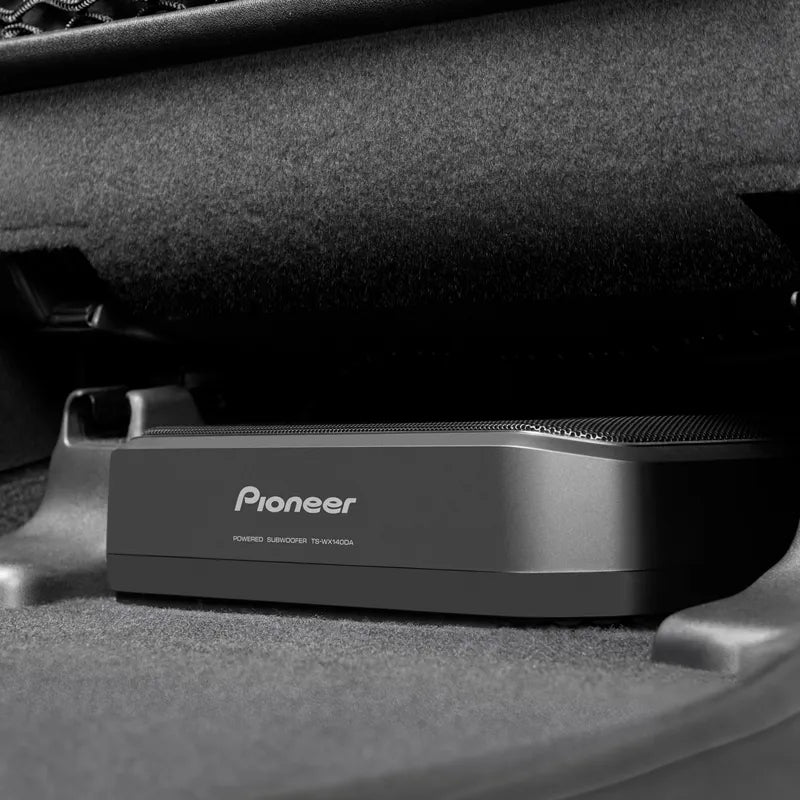 Pioneer TS-WX140DA 8" Space-Saving Amplified Compact Active Subwoofer showing below the car seat 