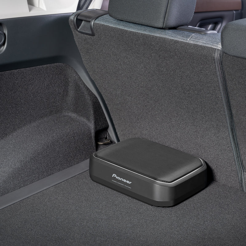 Pioneer TS-WX140DA 8" Space-Saving Amplified Compact Active Subwoofer at the back of the car seat 