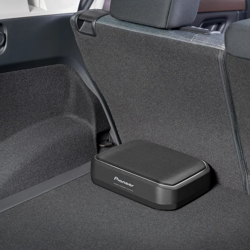 Pioneer TS-WX140DA 8" Space-Saving Amplified Compact Active Subwoofer at the back of the car seat 