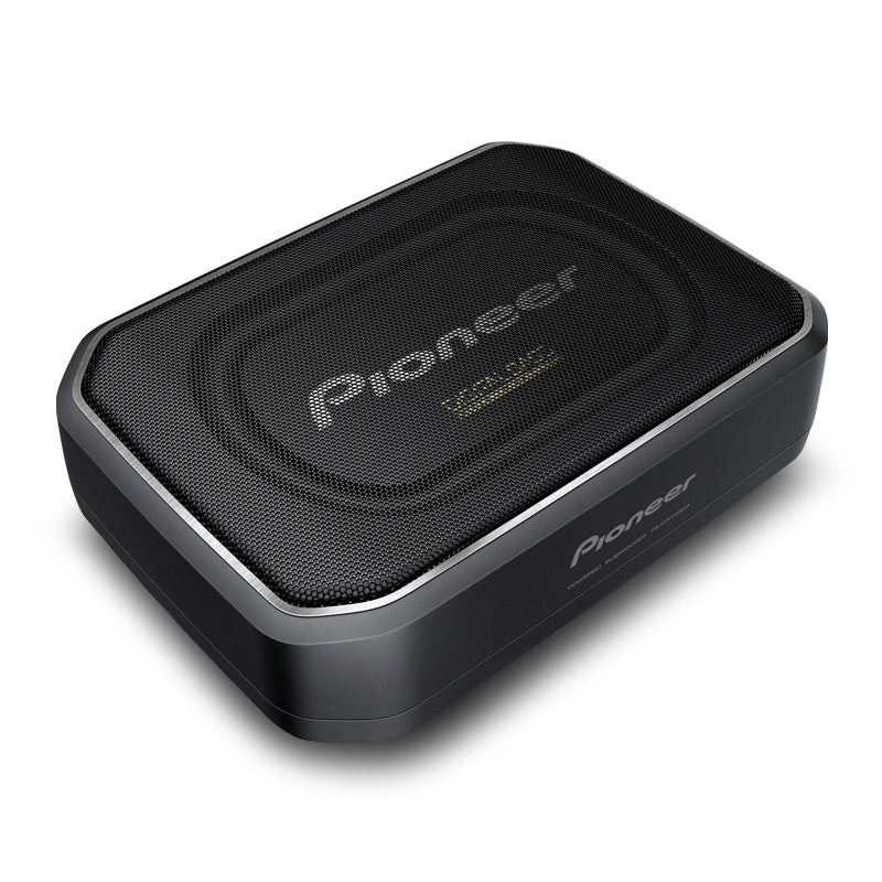 Pioneer TS-WX140DA 8" Space-Saving Amplified Compact Active Subwoofer side angle view with plain white background 
