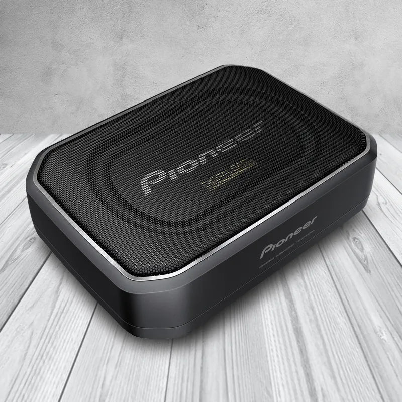 Pioneer TS-WX140DA 8" Space-Saving Amplified Compact Active Subwoofer side angle view added color background 