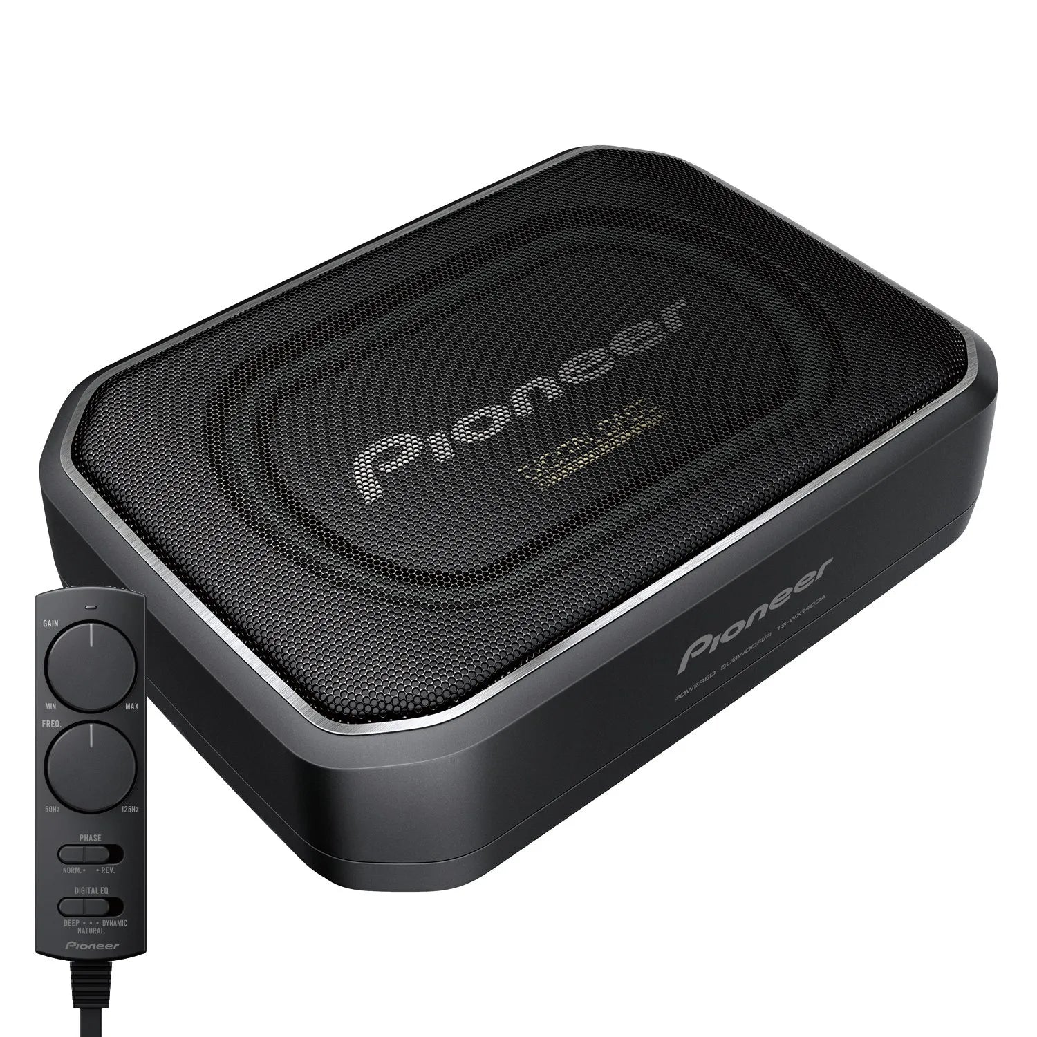 Pioneer TS-WX140DA 8" Space-Saving Amplified Compact Active Subwoofer with built-in amplifier and digital bass control, in black color.