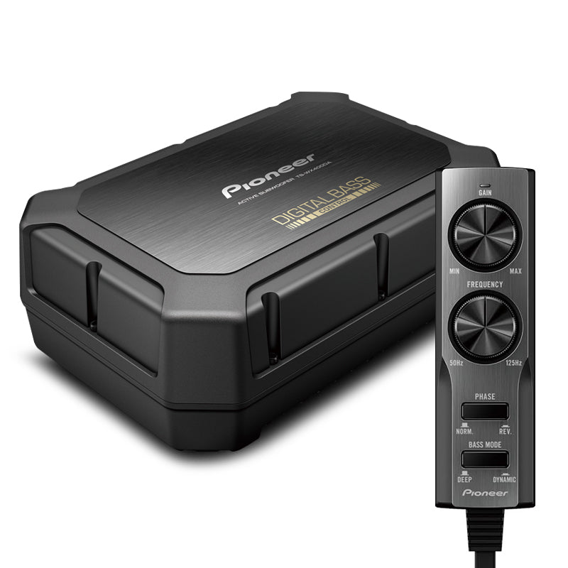 A compact Pioneer car subwoofer with a built-in amplifier and a wired remote control, both in black color.