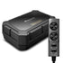 A compact Pioneer car subwoofer with a built-in amplifier and a wired remote control, both in black color.