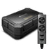A compact Pioneer car subwoofer with a built-in amplifier and a wired remote control, both in black color.