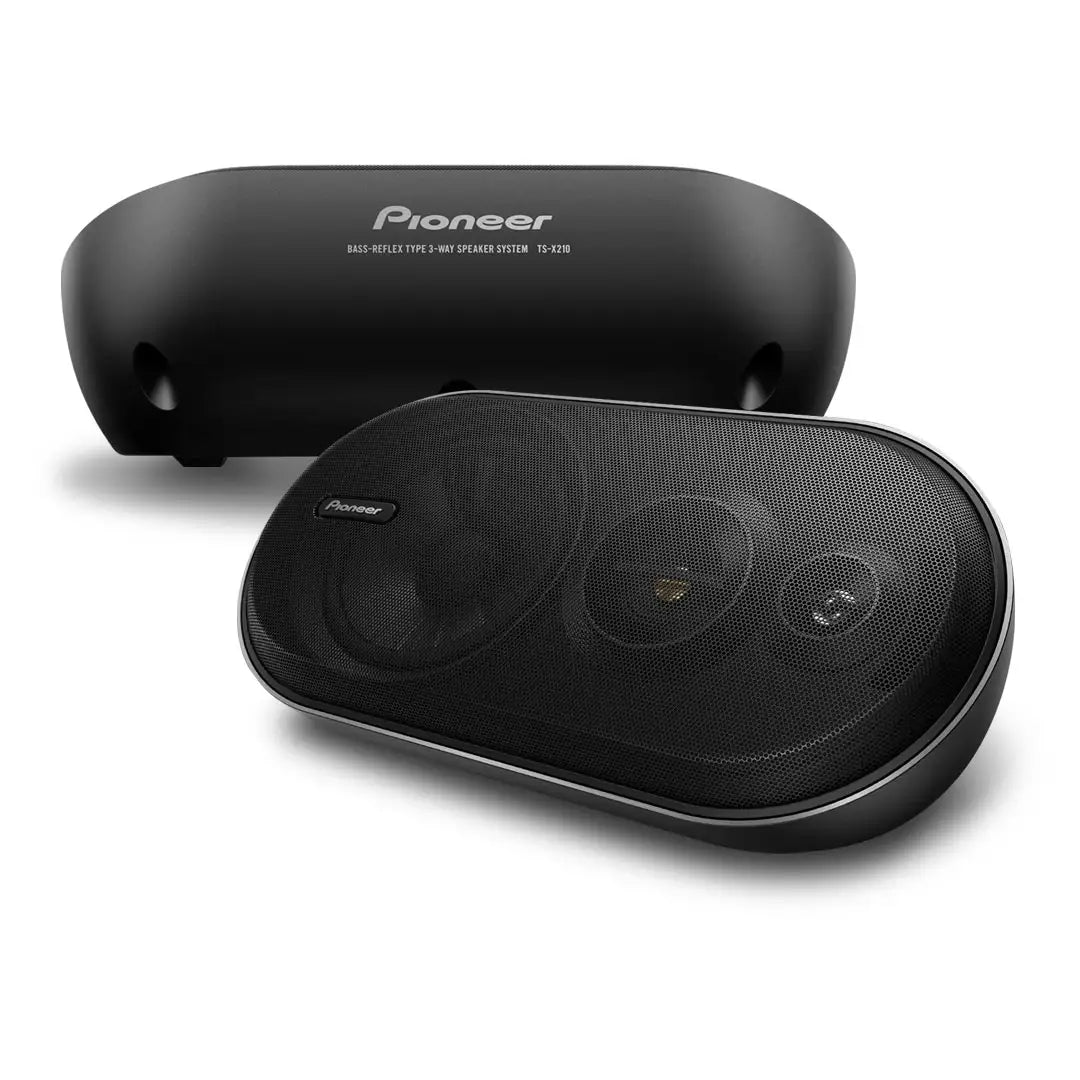 Pioneer TS-X210 5.25" 100W 3-Way Surface Mount Speakers side and back view with plain white background 