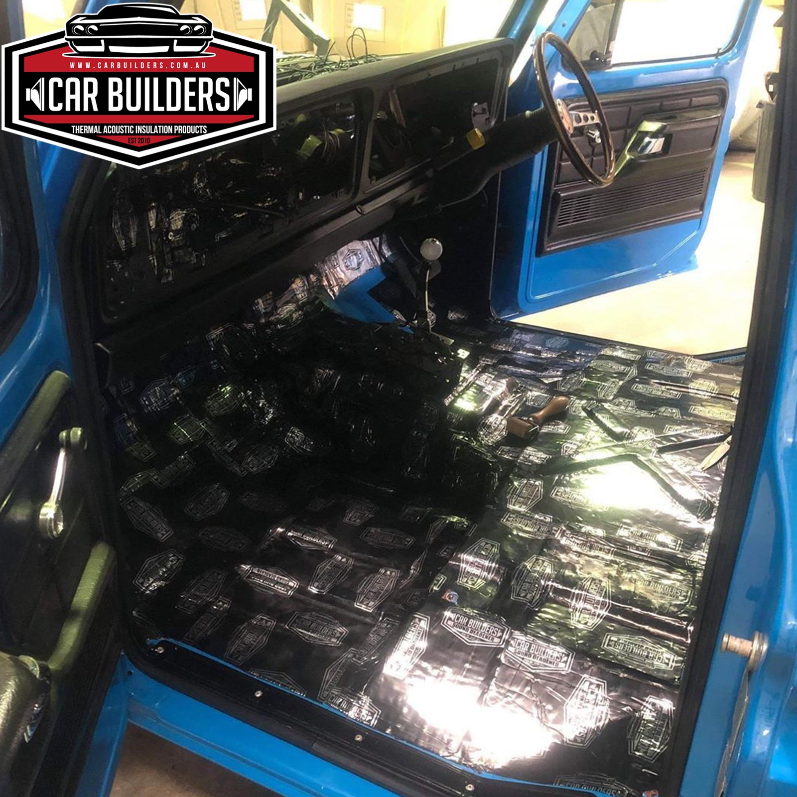 Panel van front floor covered in Stage 1 Sound Deadener sheets