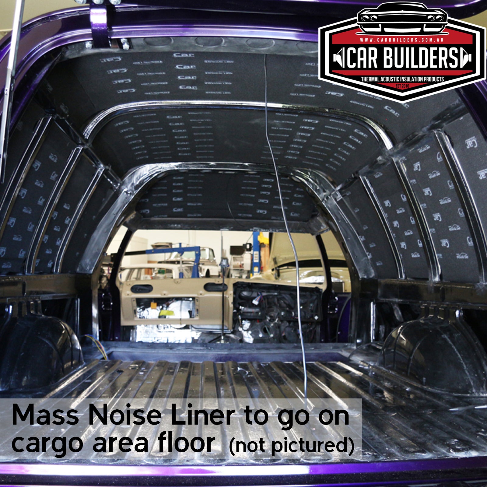 Panel van cargo bay with deadener on the side walls and wheel arches