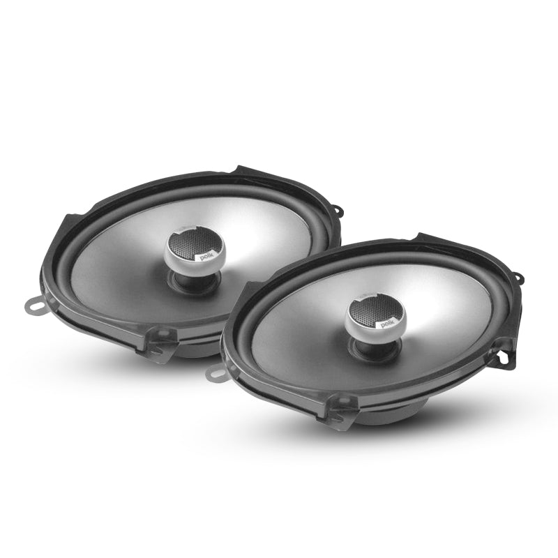 Polk Audio DB571 5x7-inch car and marine speakers in silver and black with integrated dome tweeters.