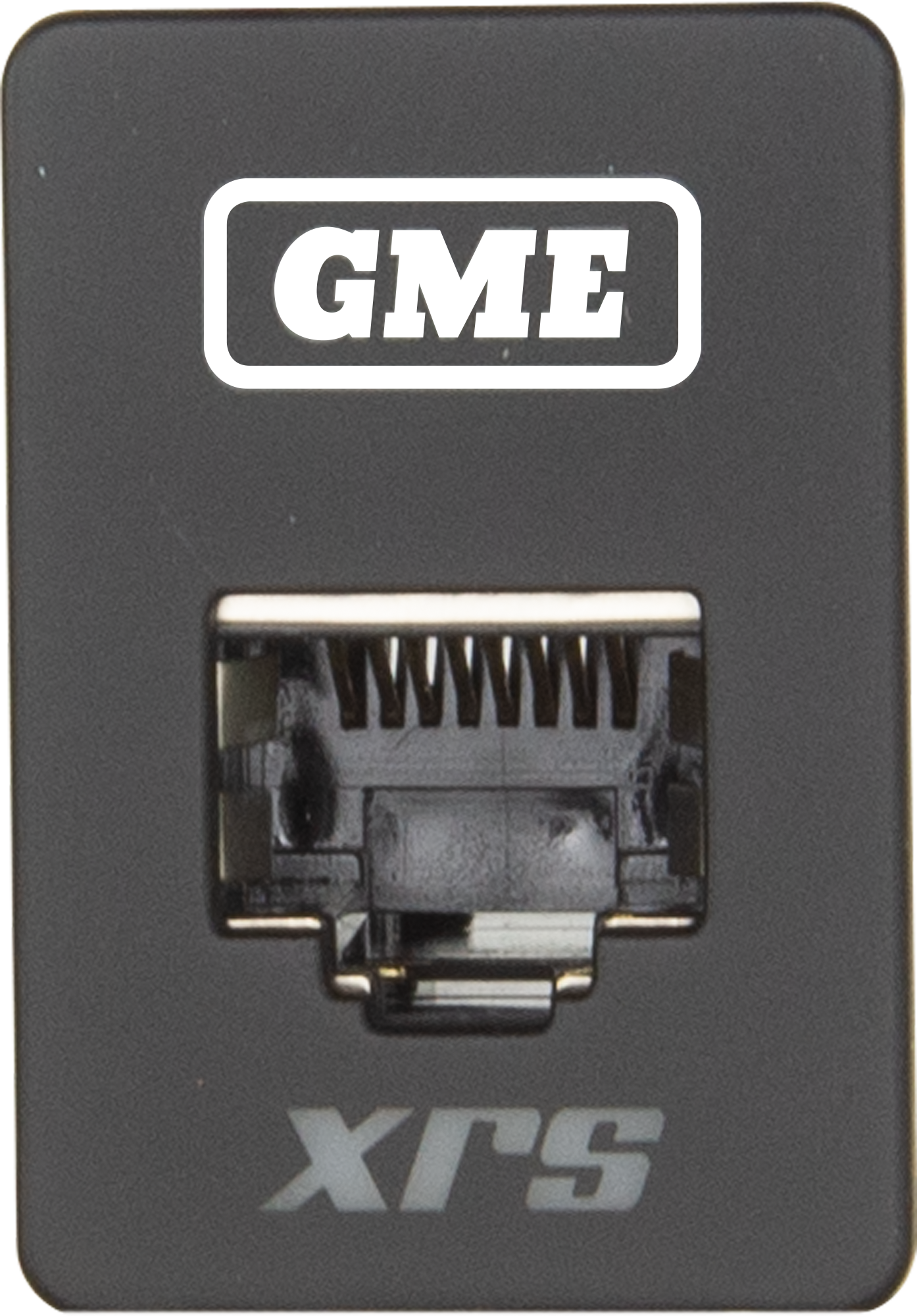 Black switch panel with a white GME logo above an RJ45 socket and grey XRS lettering below