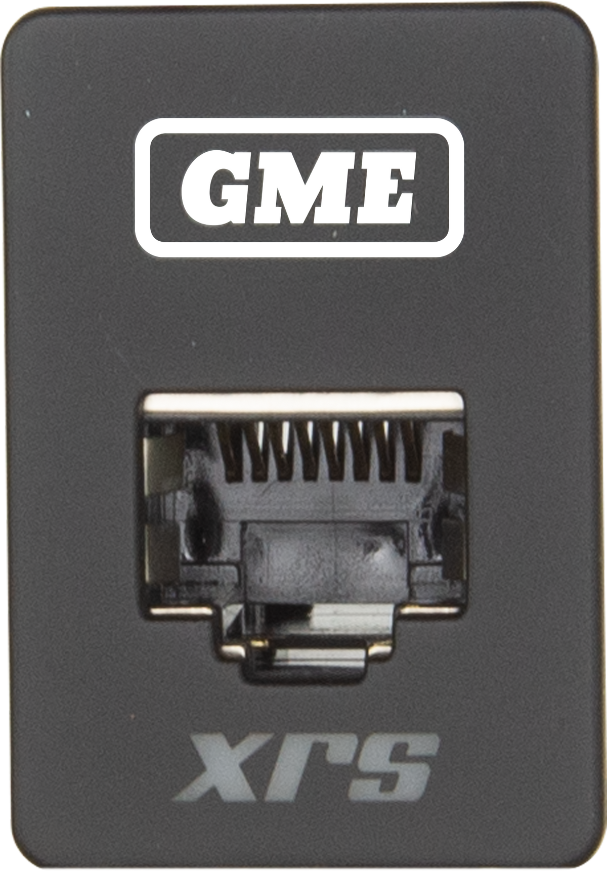 Black switch panel with a white GME logo above an RJ45 socket and grey XRS lettering below