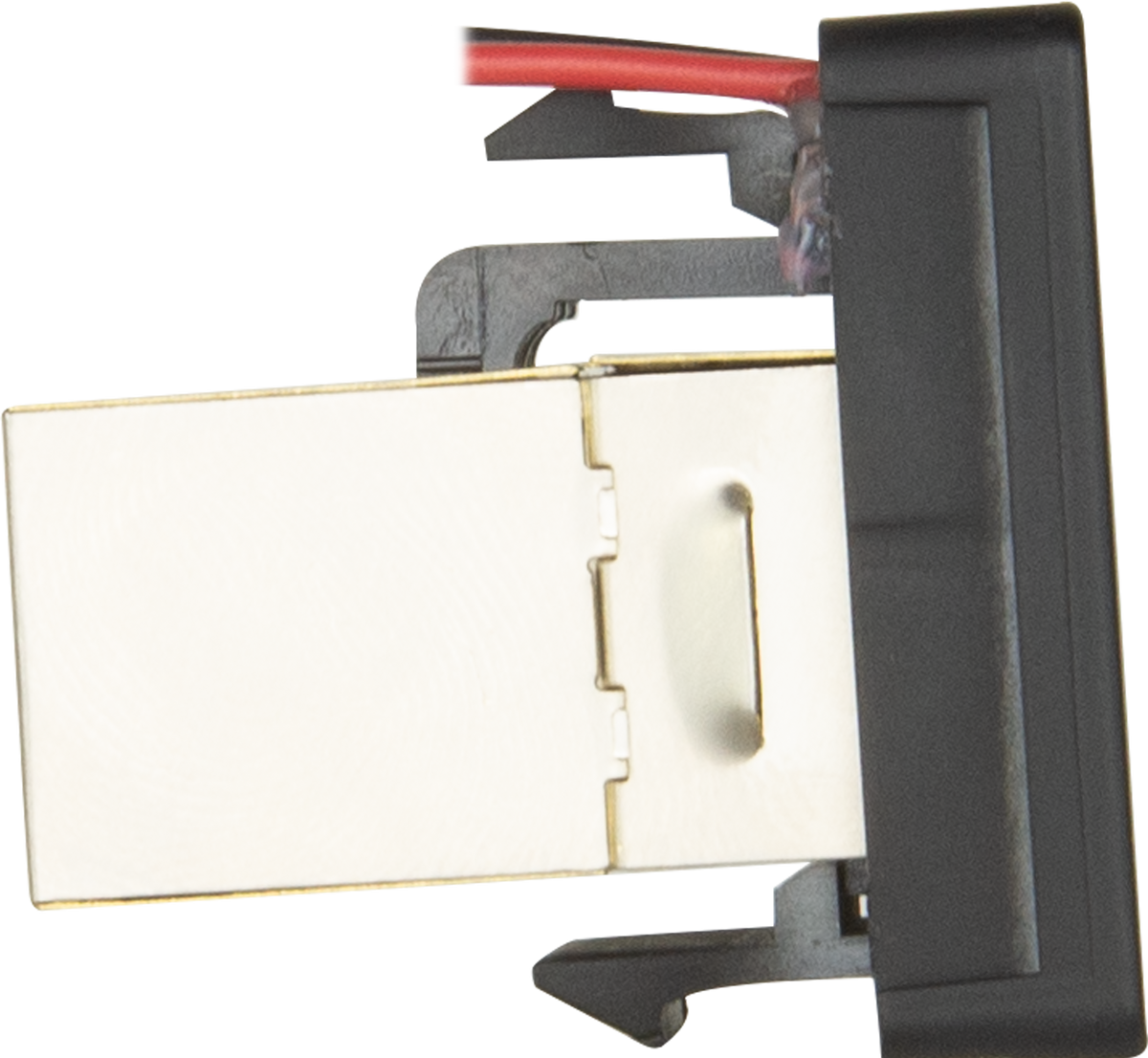 Side view of the switch showing the metal shielded RJ45 body, clip lugs and red and black wires